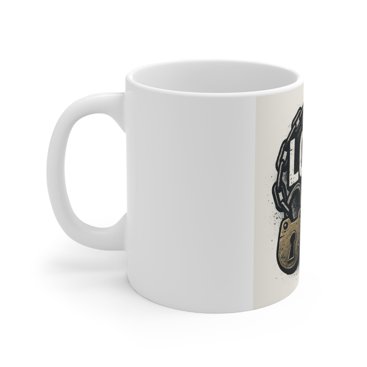 Lock 'Em Up Mug — 11oz Padlock & Chain Graphic Coffee Cup