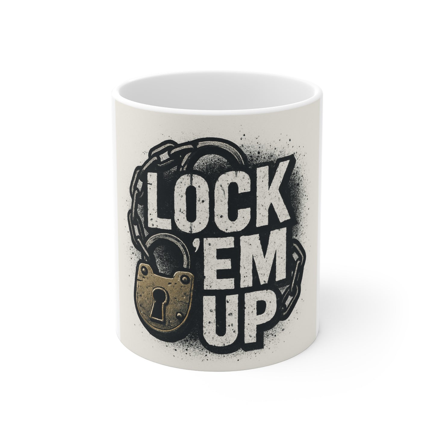 Lock 'Em Up Mug — 11oz Padlock & Chain Graphic Coffee Cup